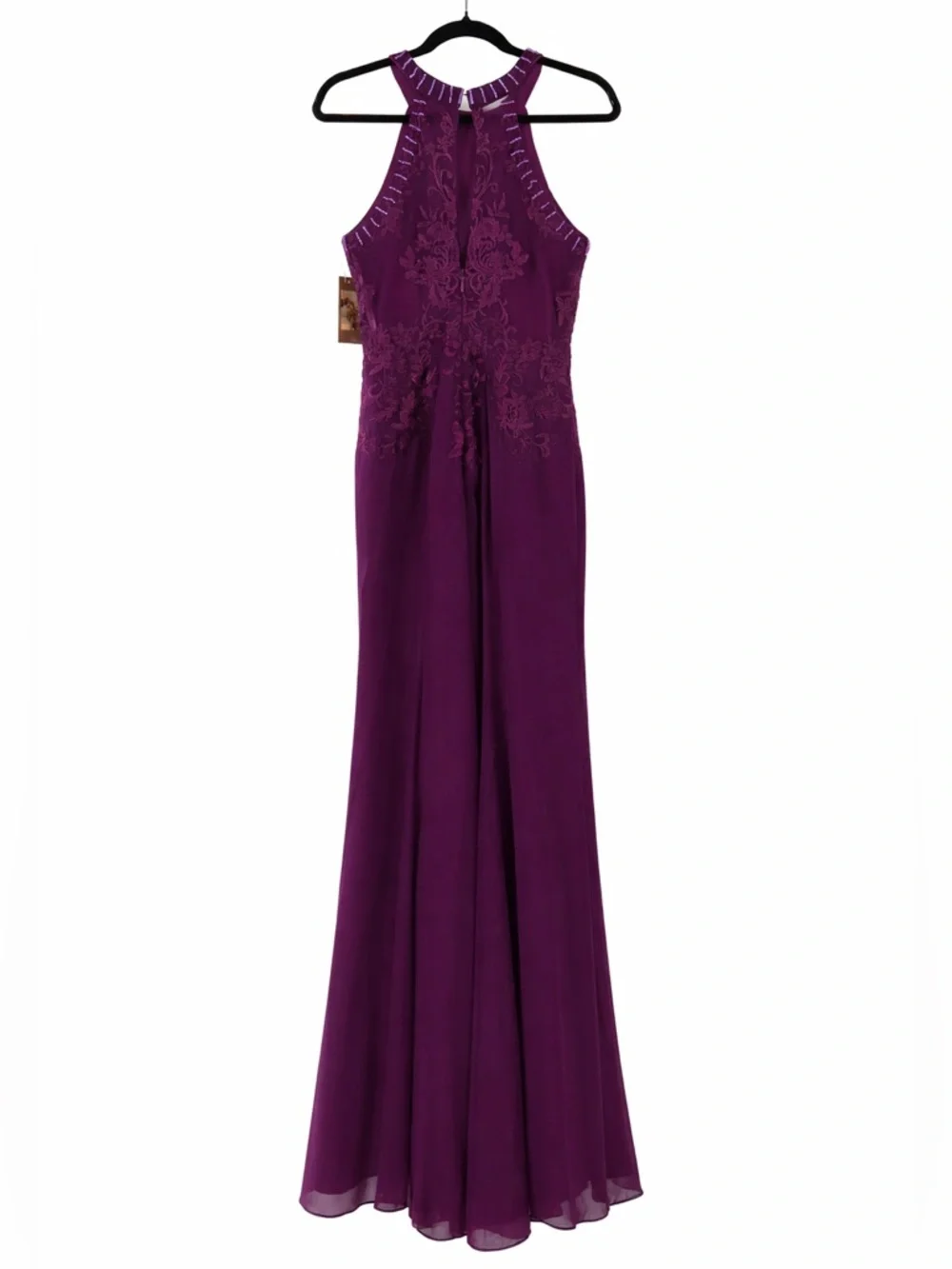 Plum Purple Lace Appliqué Beaded Halter Gown |  Formal Dress | Wedding Guest - Picture 9 of 13